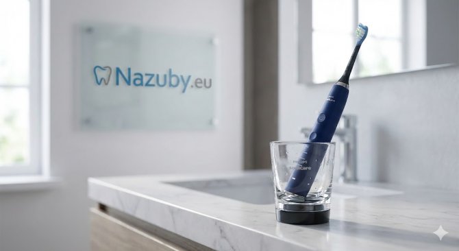 Profesionální a čistý záběr na moderní elektrický zubní kartáček v designovém nabíjecím poháru, s decentně umístěným logem specializovaného e-shopu Nazuby.eu v pozadí, evokující garanci kvality.