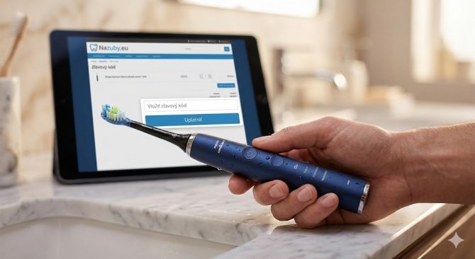Detailní záběr ruky držící prémiový sonický zubní kartáček Philips Sonicare v elegantní koupelně, přičemž na tabletu v pozadí je zobrazen nákupní košík e-shopu Nazuby.eu pro uplatnění slevového kódu.