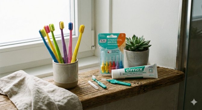 Autentické uspořádání produktů dentální hygieny na dřevěné poličce v moderní koupelně, zahrnující populární manuální kartáčky Curaprox, sadu mezizubních kartáčků TePe a speciální zubní pastu Elmex.