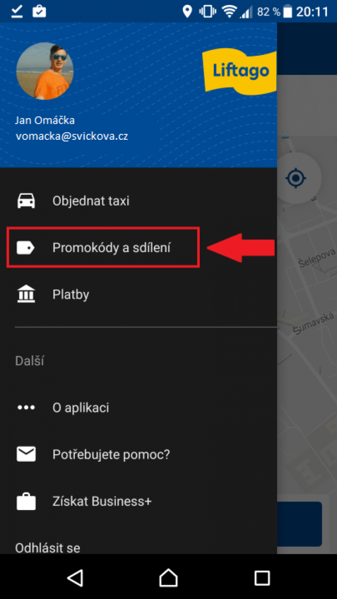 Jak uplatnit promokód na Liftago - menu