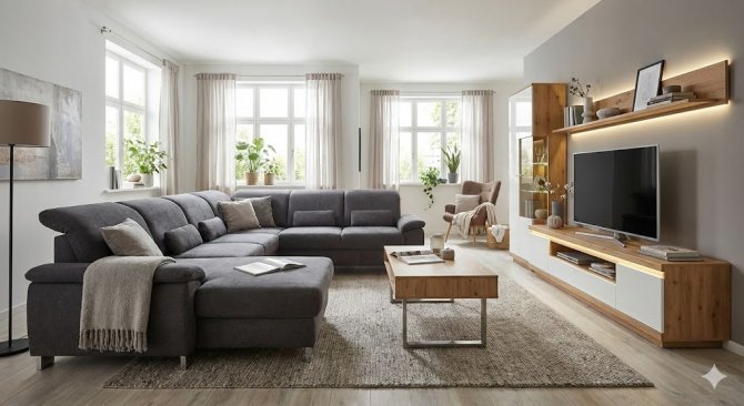 Inspirace pro moderní obývací pokoj kompletně zařízený nábytkem z e-shopu ASKO-NÁBYTEK, včetně pohodlné rohové sedací soupravy ve tvaru U, designového konferenčního stolku a stylové obývací stěny s LED osvětlením