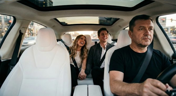 P&aacute;r se veze na zadn&iacute;ch sedadlech vozu Tesla s osobn&iacute;m řidičem objednan&yacute;m přes aplikaci Bolt. Uk&aacute;zka, jak využ&iacute;t slevov&yacute; promo k&oacute;d na Bolt pro luxusn&iacute; a pohodlnou dopravu na rande zdarma či se slevou.