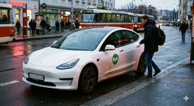 B&iacute;l&aacute; Tesla Model 3 s logem Bolt na dveř&iacute;ch stoj&iacute; u chodn&iacute;ku v podvečern&iacute;m Brně. Ze zadn&iacute;ch sedadel pr&aacute;vě vystupuje muž v zimn&iacute; bundě a s batohem na ru&scaron;nou ulici.