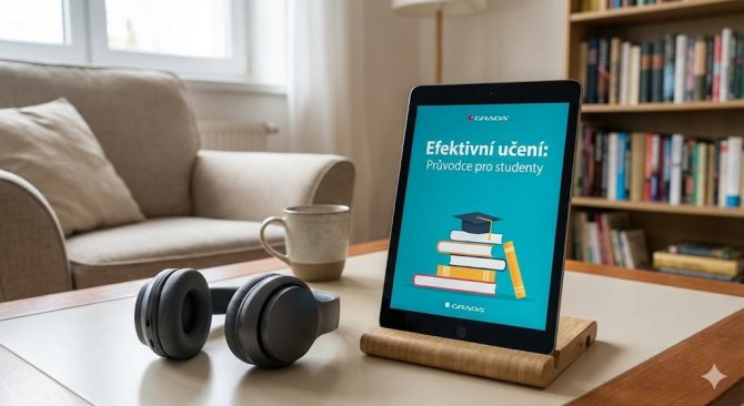 Tablet zobrazující e-knihu nakladatelství Grada a bezdrátová sluchátka na stole, ilustrující moderní studium pomocí digitálních formátů a audioknih.