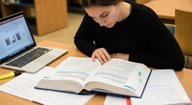 Studentka studující z otevřené učebnice Grada na stole v univerzitní knihovně, symbolizující akademické studium a vzdělávání.