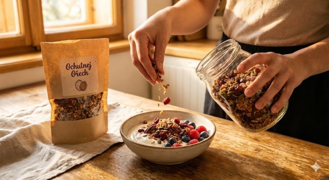 Detailn&iacute; makro fotografie rustik&aacute;ln&iacute; dřevěn&eacute; misky přeplněn&eacute; směs&iacute; vla&scaron;sk&yacute;ch, l&iacute;skov&yacute;ch a mandlov&yacute;ch ořechů na stole