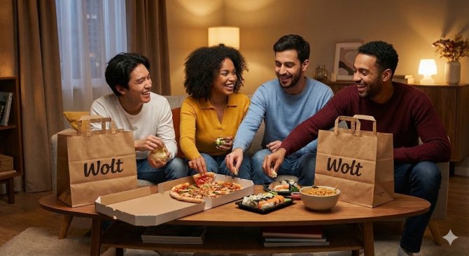 Skupina čtyř př&aacute;tel v ob&yacute;vac&iacute;m pokoji společně sd&iacute;l&iacute; rozmanitou hostinu, včetně pizzy a sushi, doručenou ve v&iacute;ce pap&iacute;rov&yacute;ch ta&scaron;k&aacute;ch Wolt.