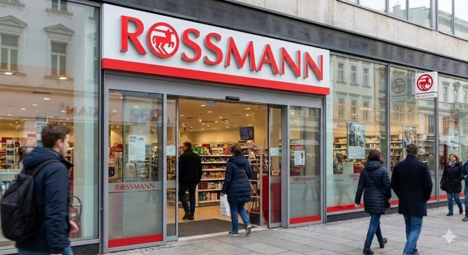 Moderní exteriér kamenné prodejny Rossmann v rušné městské ulici za denního světla, s výrazným červeným logem nad vstupem.