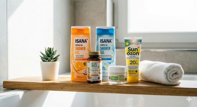 Autentické aranžmá produktů privátních značek Rossmann, včetně sprchových gelů Isana, doplňku stravy EnerBiO, krému Alterra a opalovacího krému Sunozon, na dřevěné poličce v koupelně.