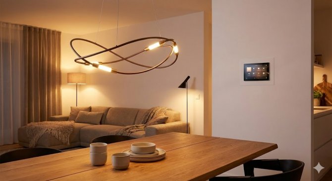 Modern&iacute; ob&yacute;vac&iacute; pokoj s designov&yacute;m chytr&yacute;m osvětlen&iacute;m z nab&iacute;dky K&V ELEKTRO. Prozkoumejte v patičce webu na&scaron;e kategorie sv&iacute;tidel a nenechte si uj&iacute;t sez&oacute;nn&iacute; slevy na stylov&eacute; doplňky