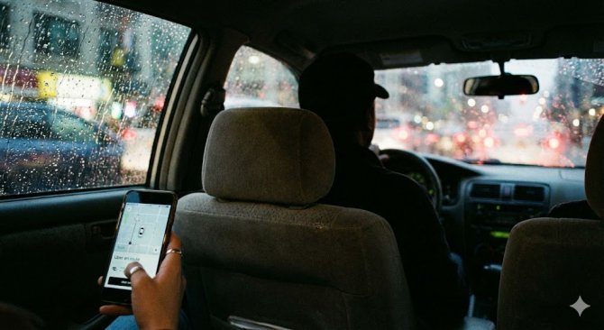 Autentick&yacute; z&aacute;běr ze zadn&iacute;ho sedadla auta, kde pasaž&eacute;r drž&iacute; telefon s aplikac&iacute; Uber. Vpředu sed&iacute; řidič a za de&scaron;těm sm&aacute;čen&yacute;m oknem jsou vidět rozmazan&aacute; světla města.