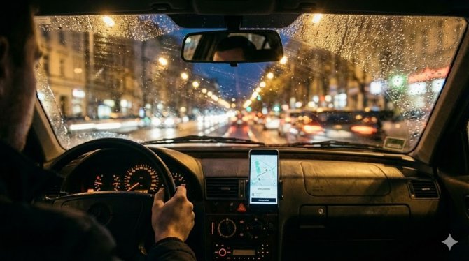 "Pohled z m&iacute;sta řidiče při nočn&iacute; j&iacute;zdě autem v de&scaron;ti. Řidič m&aacute; ruce na volantu a smartphone s navigac&iacute; je bezpečně upevněn v drž&aacute;ku na ventilaci palubn&iacute; desky. Za mokr&yacute;m čeln&iacute;m sklem je ru&scaron;n&yacute; městsk&yacute; provoz