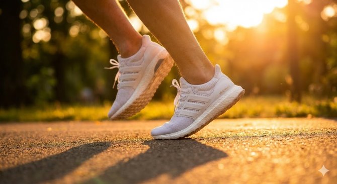 Atmosf&eacute;rick&yacute; sn&iacute;mek běžce v parku při z&aacute;padu slunce, detailně zachycuj&iacute;c&iacute; sportovn&iacute; obuv Adidas Ultraboost a aktivn&iacute; životn&iacute; styl spojen&yacute; se značkou