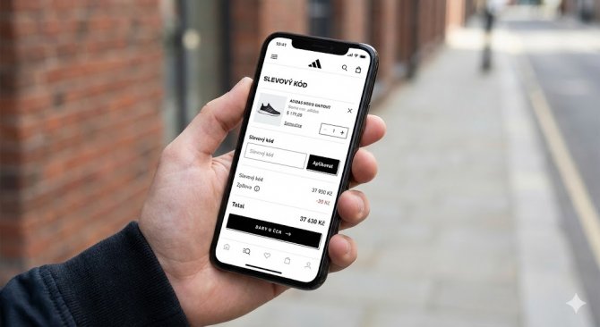 Detail ruky drž&iacute;c&iacute; smartphone s otevřen&yacute;m n&aacute;kupn&iacute;m ko&scaron;&iacute;kem na e-shopu Adidas.cz, ukazuj&iacute;c&iacute; pole pro vložen&iacute; slevov&eacute;ho k&oacute;du během online n&aacute;kupu.