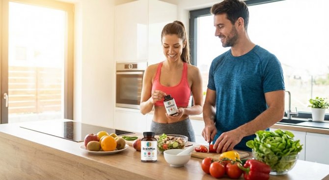 Aktivn&iacute; p&aacute;r ve sportovn&iacute;m oblečen&iacute; v modern&iacute; slunn&eacute; kuchyni při př&iacute;pravě zdrav&eacute;ho j&iacute;dla; žena drž&iacute; v ruce balen&iacute; doplňku stravy BrainMax, symbolizuj&iacute;c&iacute; biohacking životn&iacute; styl.