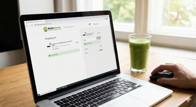 Detailn&iacute; z&aacute;běr na obrazovku notebooku s otevřen&yacute;m n&aacute;kupn&iacute;m ko&scaron;&iacute;kem e-shopu BrainMarket.cz, ukazuj&iacute;c&iacute; pol&iacute;čko pro vložen&iacute; kuponu a potvrzen&iacute; &uacute;spě&scaron;n&eacute;ho uplatněn&iacute; obecn&eacute;ho slevov&eacute;ho k&oacute;du.