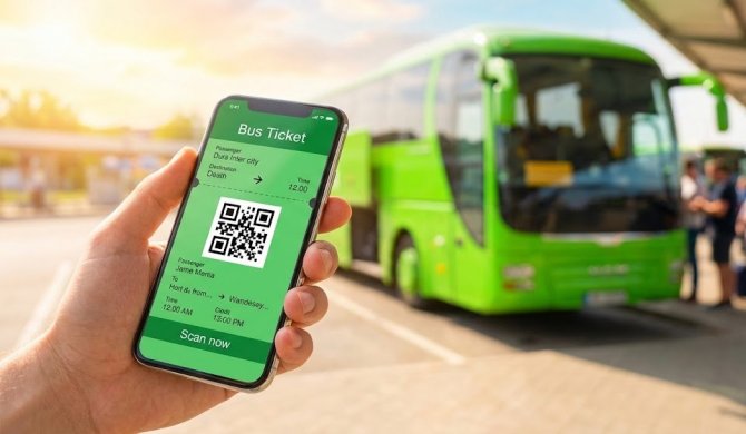 Detail ruky drž&iacute;c&iacute; chytr&yacute; telefon se zobrazenou elektronickou j&iacute;zdenkou FlixBus na displeji, v pozad&iacute; je rozmazan&yacute; zelen&yacute; autobus připraven&yacute; k odjezdu a sluncem zalit&eacute; n&aacute;draž&iacute;.