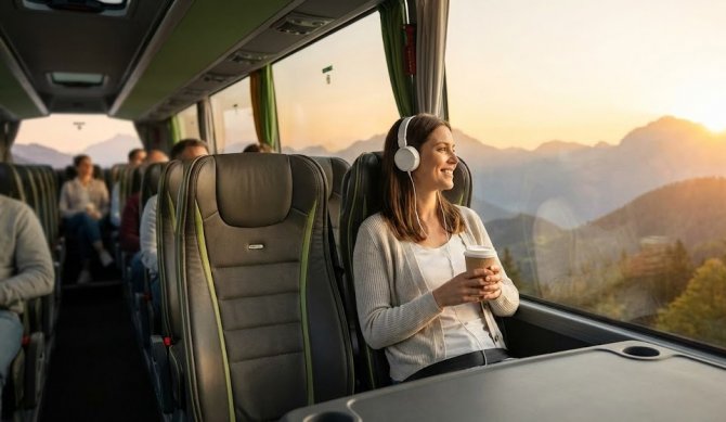 Cestuj&iacute;c&iacute; žena se sluch&aacute;tky a k&aacute;vou relaxuje v pohodln&eacute;m sedadle modern&iacute;ho d&aacute;lkov&eacute;ho autobusu a s &uacute;směvem sleduje z&aacute;pad slunce nad horami přes velk&eacute; panoramatick&eacute; okno.