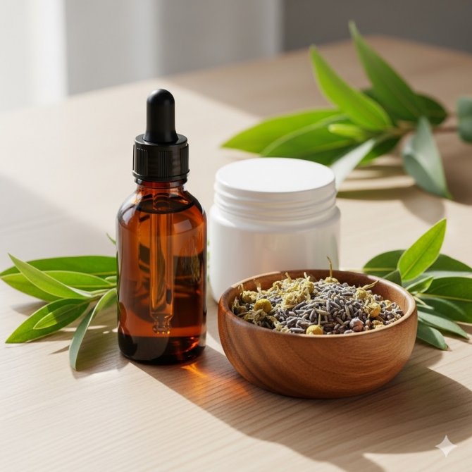 Estetick&eacute; z&aacute;ti&scaron;&iacute; s př&iacute;rodn&iacute; kosmetikou od Herbatica a bylinn&yacute;mi doplňky stravy na čist&eacute;m dřevěn&eacute;m stole. V kompozici je tmav&aacute; skleněn&aacute; lahvička s kap&aacute;tkem, dřevěn&aacute; miska se su&scaron;en&yacute;mi bylinkami, b&iacute;l&yacute; kel&iacute;mek s pleťov&yacute;m kr&eacute;mem a čerstv&eacute; zelen&eacute; l&iacute;stky, v&scaron;e prosvětlen&eacute; jemn&yacute;m slunečn&iacute;m světlem symbolizuj&iacute;c&iacute;m zdrav&yacute; životn&iacute; styl.