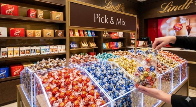 Stojan Lindt Pick & Mix s barevnými příchutěmi pralinek Lindor, kde si zákazník nabírá vlastní výběr čokoládových bonbonů do dárkového sáčku.