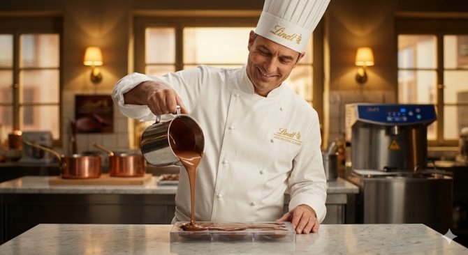 Lindt Maître Chocolatier v tradiční bílé uniformě s úsměvem nalévá tekutou čokoládu do formy, symbolizující švýcarskou kvalitu a mistrovskou ruční výrobu.