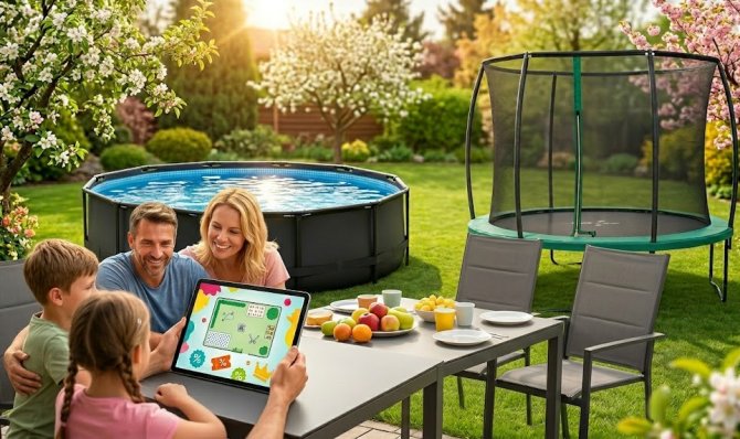 Čtyřčlenná rodina s úsměvem sedí u stolu na slunné jarní zahradě a společně se dívá na obrazovku tabletu. V pozadí za nimi je na udržovaném trávníku umístěn prostorný nadzemní bazén a velká trampolína s ochrannou sítí, které jsou obklopeny rozkvetlými stromy.