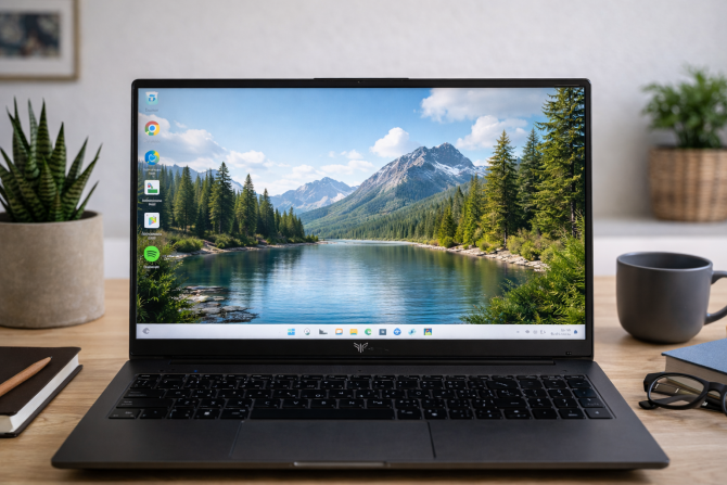 Elegantní kovový notebook Acemagic 15.6 FHD z e-shopu Temu zobrazený na pracovním stole. Využijte aktuální slevový kód na Temu a pořiďte si tento výkonný počítač za bezkonkurenční cenu s výraznou slevou.