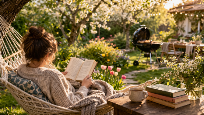 Jarní pohoda, gril, kniha