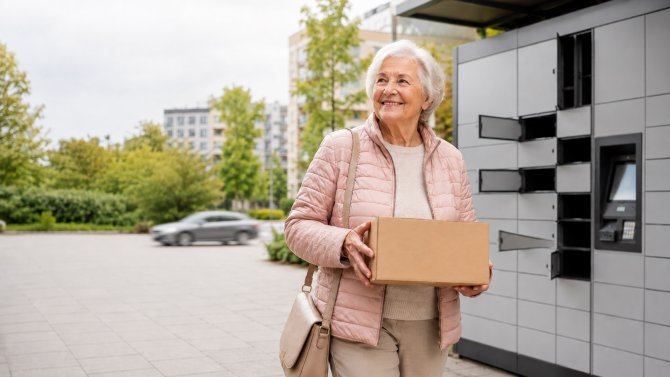 Seniorka s bal&iacute;kem po vyzvednut&iacute; objedn&aacute;vky z v&yacute;dejn&iacute;ho boxu