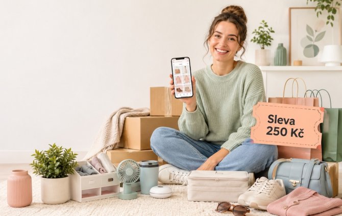 Žena s mobilem při online n&aacute;kupu a &scaron;t&iacute;tkem Sleva 250 Kč na Temu